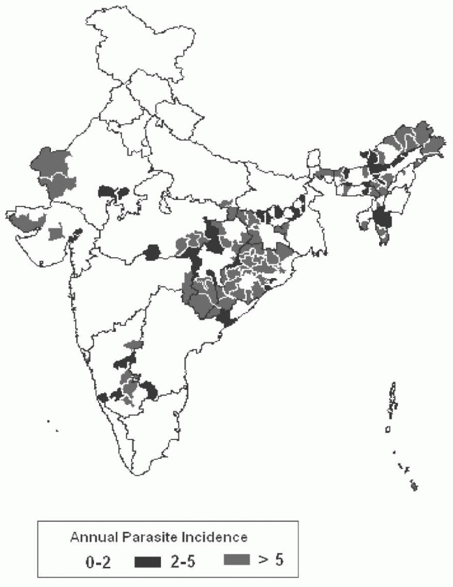 Figure 2. Distribution of malaria incidence in India according to annual parasite incidence in 2004 (data source: NVBDCP).
