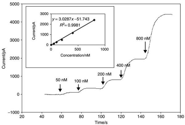 FIGURE 21.3. Response of WPI’s ISO-NOP NO sensor to increasing concentration of chemically generated NO, inset shows the resulting calibration curve.