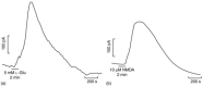 FIGURE 21.8. NO production from the CA1 region of the hippocampal slice following addition of 5 mM L -glutamate (a) and 10 μM N -methyl-D -aspartate (b).