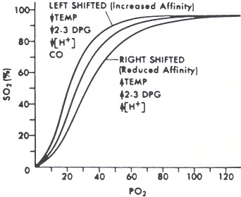 Figure 49.1. The oxyhemoglobin dissociation curve and variables that affect oxygen–hemoglobin affinity.