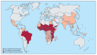 A map of the world showing geographical overlap and distribution of the seven most common neglected tropical diseases