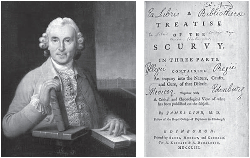 James Lind (1716–1794), Scottish naval surgeon, pictured with the books he wrote, and the title page of the most famous of these, in which he recorded a controlled trial done in 1747 showing that oranges and lemons were a more effective treatment for scurvy than five other treatments then in use (see www.jameslindlibrary.org).