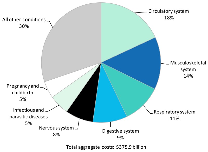 Figure 5. Distribution of aggregate hospital costs by diagnostic category,* 2010. Pie chart, , Total aggregate costs: $375.9 billion Circulatory system, 18%, , Musculoskeletal system, 14%, , Respiratory system, 11%, , Digestive system, 9%, , Nervous system, 8%, , Infectious and parasitic diseases, 5%, , Pregnancy and childbirth, 5%, , All other conditions, 30%, , * Based on principal diagnosis defined by Major Diagnostic Category (MDC) Source: AHRQ, Center for Delivery, Organization, and Markets, Healthcare Cost and Utilization Project, Nationwide Inpatient Sample, 2010