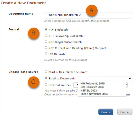 Example of SciENcv template with labeled areas. A is Biosketch Name, B is Biosketch Format, C is Data Source, and D is Public or Private Sharing.