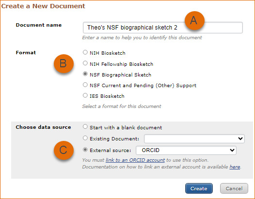 Example of SciENcv template with labeled areas. A is Biosketch Name, B is Biosketch Format, C is Data Source, and D is Public or Private Sharing.