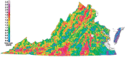 FIGURE 3.4. Aeroradiometric map of Virginia showing the concentration of uranium (eU) in the top few centimeters of rock or soil, derived by reprocessing National Uranium Resource Evaluation (NURE) program aerial gamma-ray data.