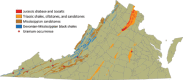 FIGURE 3.10. Distribution of Devonian-Mississippian sedimentary deposits in the Appalachian Plateau area of western Virginia and Triassic sedimentary rocks and Jurassic basalts of the Piedmont.