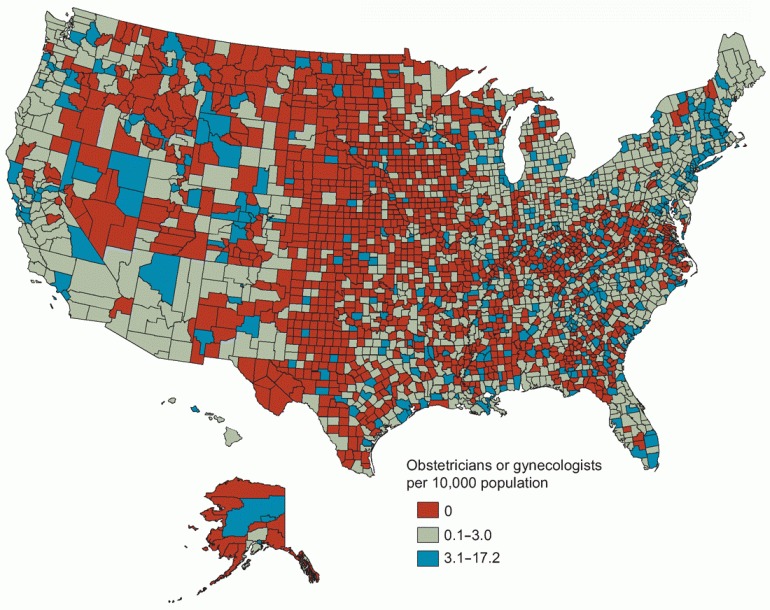 Figure 23. Obstetricians or gynecologists per 10,000 females age 15 years and over, by county: United States, 2004.