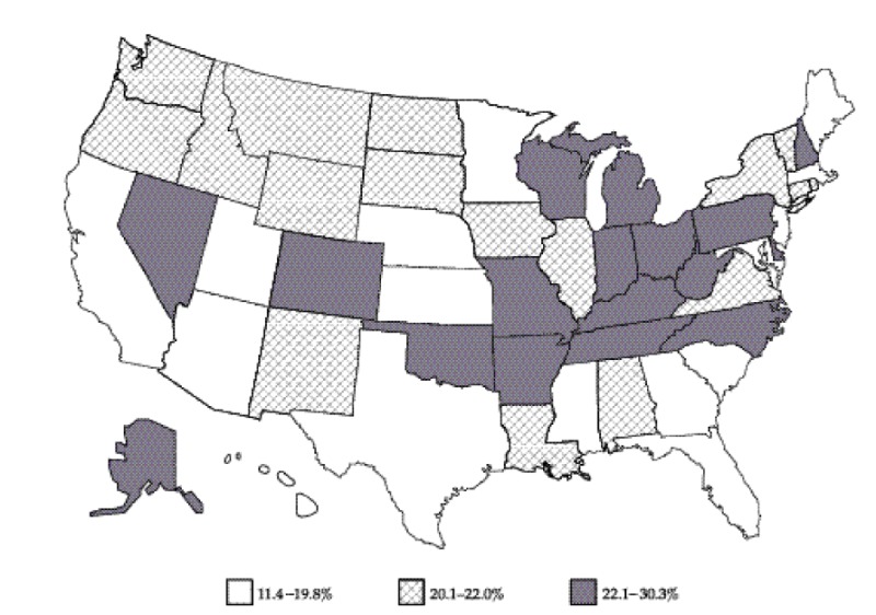 Figure 2.5. Prevalence (%) of current smoking among women aged 18 years or older, by state, Behavioral Risk Factor Survey, United States, 1999.