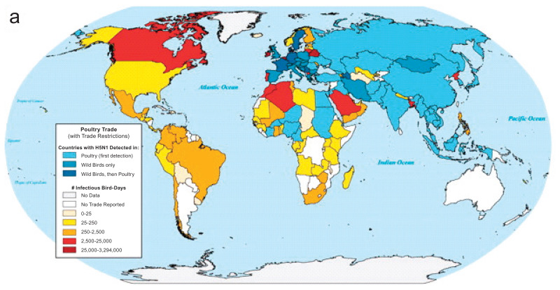 FIGURE 5-19. Predicted risk of H5N1 avian influenza introduction from countries that have had H5N1 outbreaks (in blue).