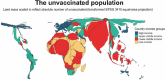 A world map is distorted to reflect the distribution of the unvaccinated population and colored to show income. Countries with larger unvaccinated populations are swollen to appear larger, while countries with smaller unvaccinated populations are shrunk. Countries with high and upper-middle income are blue and teal, and lower-middle and low income are red and yellow. Overall, the map shows that lower income countries have much larger unvaccinated populations than higher income countries.