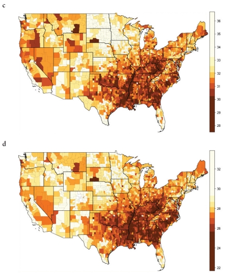 U.S. maps showing geographic variation in life expectancy at age 50, 2000: (a) female by state (b) male by state (c) female by county (d) male by county