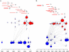 Panel a: n-3 PUFA example. Panel b: Vitamin E example. Red colored vertices denote index publications of RCT (i.e., those included in our systematic reviews). Blue colored vertices denote index observational studies (i.e., those included in our systematic reviews). Vertices have area proportional to the size of the each (normalized within each study type). The red horizontal bars on top are the enrollment periods of RCT, reported (solid) or imputed (dashed). As shown in this figure the majority of the RCTs started enrolling patients before the publication of the majority of observational studies.