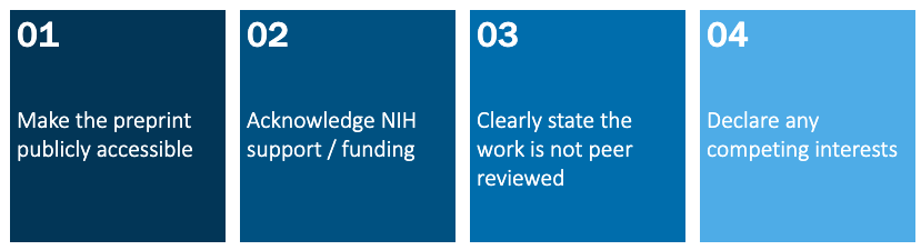 Expectations of researchers: make the preprint publicly accessible, acknowledge NIH support/funding, state the work is not peer reviewed, declare any competing interests.